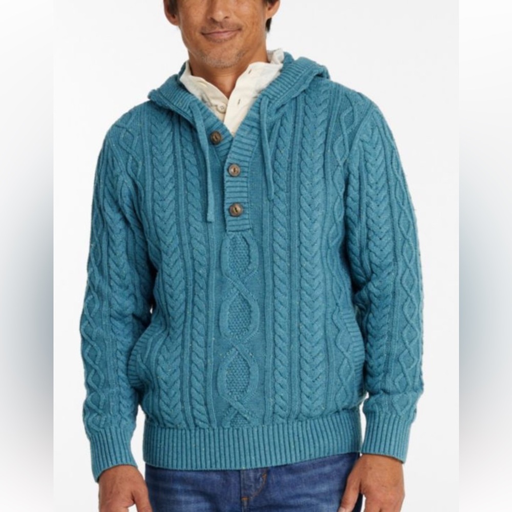 L.L. Bean Fisherman Cable Knit Henley Hoodie Sweater Cotton Dark Green Size XL